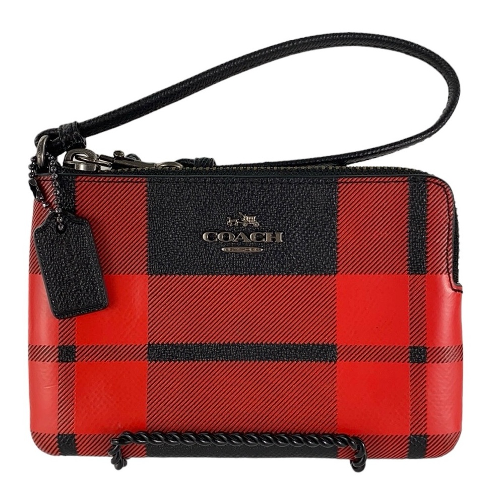 Coach Red Buffalo Plaid Corner Zip Wristlet